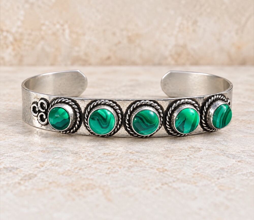 Native Style Sterling Silver Malachite Row Cuff Bracelet 5 Stone Southwestern